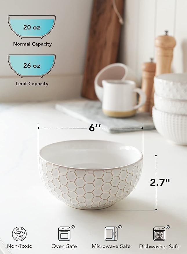 LE TAUCI Cereal bowls 26 oz, Ceramic Soup Bowl for Kitchen, Embossment Stoneware Bowl for Pho, Chip, Fruits, Salad, Noodle, Ramen, Suit For Housewarming - 6 Inch, Set of 4, Arctic white