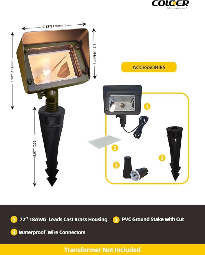 COLOER Brass Rectangular Flood Lights 6-Pack Without Blub, 12V Low Voltage Landscape Floodlights for Outside, Outdoor Wall Lights Illuminating Signs, Walls and Plant Material