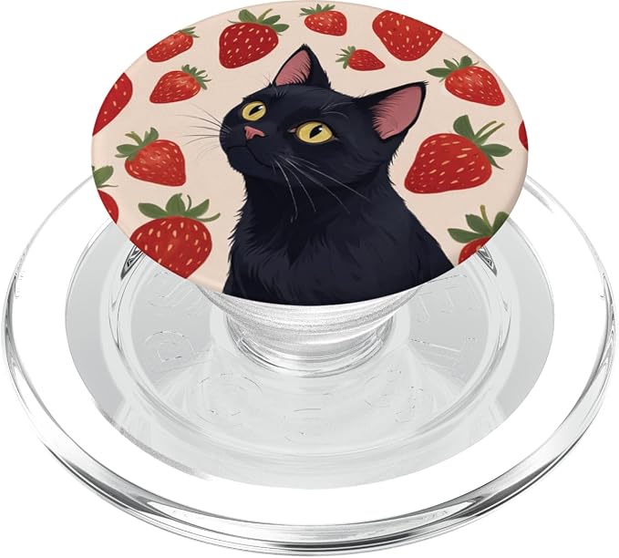 Beige Red Strawberry Black Cat Illustration Print PopSockets PopGrip for MagSafe