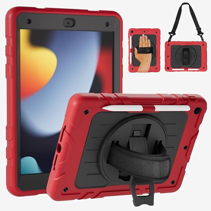 Case for iPad 9th/8th/7th Generation10.2 Shockproof 360 Rotating Stand Shoulder Hand Strap with Pencil Holder for iPad 10.2 inch 2021/2020/2019 Case (Black)