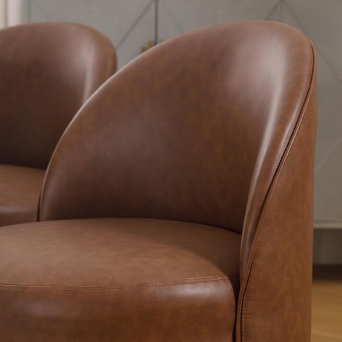 Modern Barrel Dining Chairs Set of 6, Swivel Base Cognac PU Leather Accent Chair 360°Rotating Mid-Century Dining Side Chair Kitchen Chair for Living Room, Bedroom, Home, Office, Kitchen(Brown)