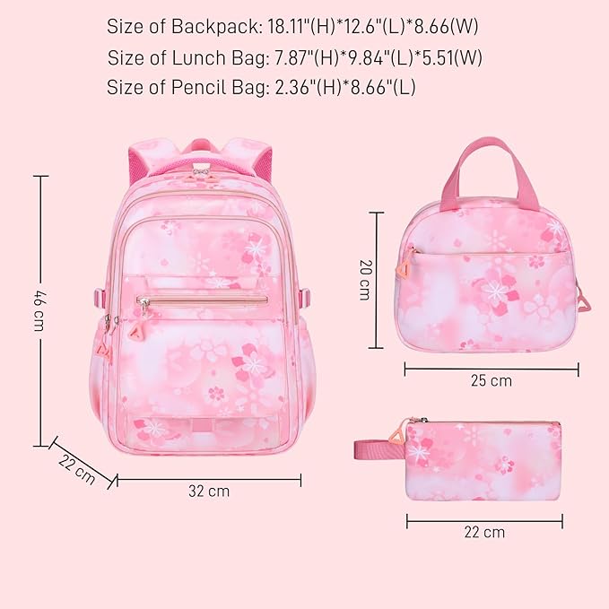 3Pcs Set Backpacks for Girls Teen, Cute Flowers School Bag Girls Bookbags with Lunch Box Pencil Bag, Multi-Pockets Kids Backpack for Elementary & Middle School, Pink