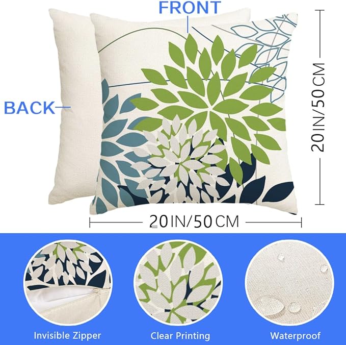 RABUSOFA Outdoor Pillow Covers 20x20 Inch Set of 2 Green Blue Flower Decorative Waterproof Spring Summer Floral Outdoor Cushion Covers for Patio Funiture Garden Couch Decor