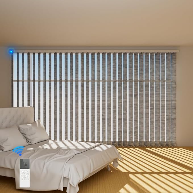 Blindify Motorized Vertical Blinds, Light Filtering Sliding Door Shades Vertical Shades Remote Control Customize, Jacquard Grey
