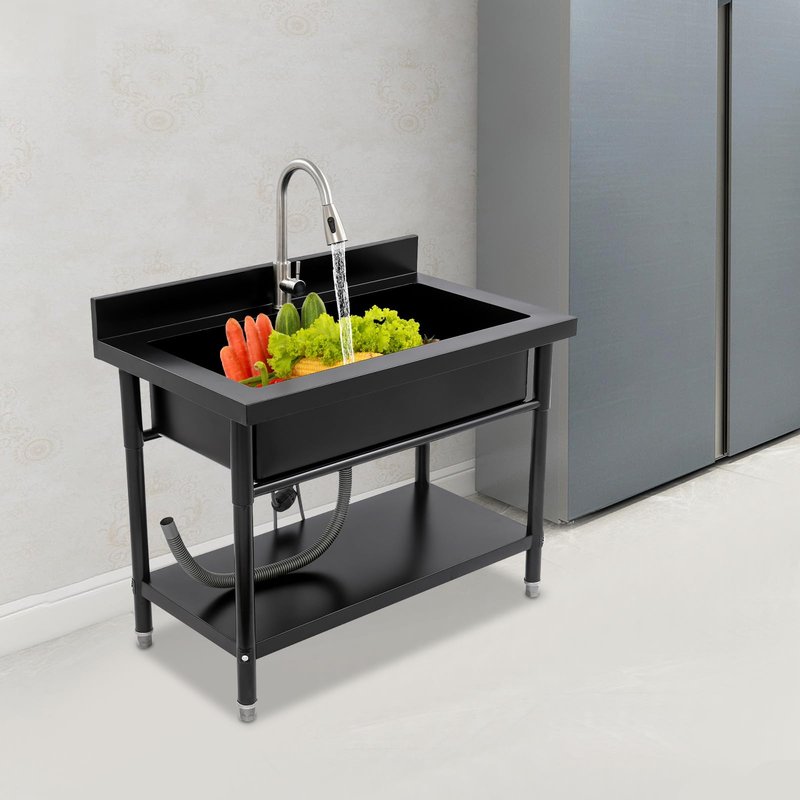 Stainless Steel Utility Sink, Freestanding Commercial Kitchen Sink with Pull-Out Faucet, Large Capacity Laundry Sink, Single Bowl Garage Sinks for Garage Basement Outdoor Indoor Use (Black)
