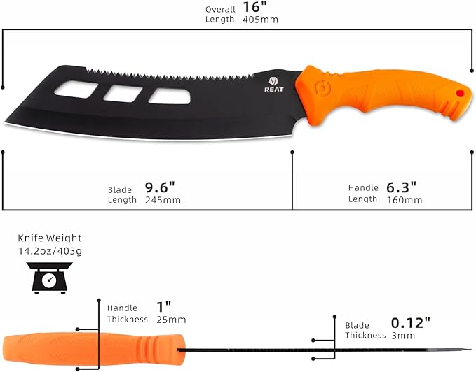 REAT Machete with Saw,16" Heavy Duty Machete with Sheath, Dual-Purpose Gardening Machete Knife for Chopping and Sawing,Ergonomic No-Slip Handle