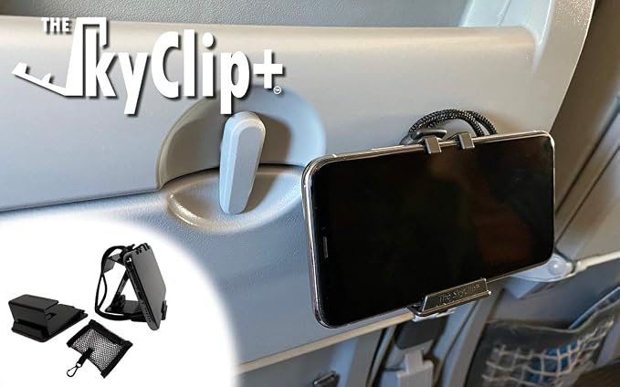 The SkyClip+ Phone &amp Tablet Holder for Air Travel Home and Office Use - Inflight Phone Mount &amp Stand Compatible with iPhone Android Kindle and Tablets - Ultimate Travel Accessory (Black)