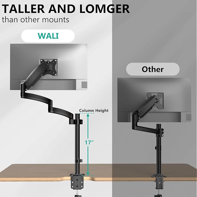 WALI Single Long Monitor Arm - up to 32 inch Computer Monitor Arm Desk Mount, Hold up to 19.8lbs, Extra Long Adjustable Stand, Full Motion Tall Arm, VESA 75/100mm, (GSDM001L)