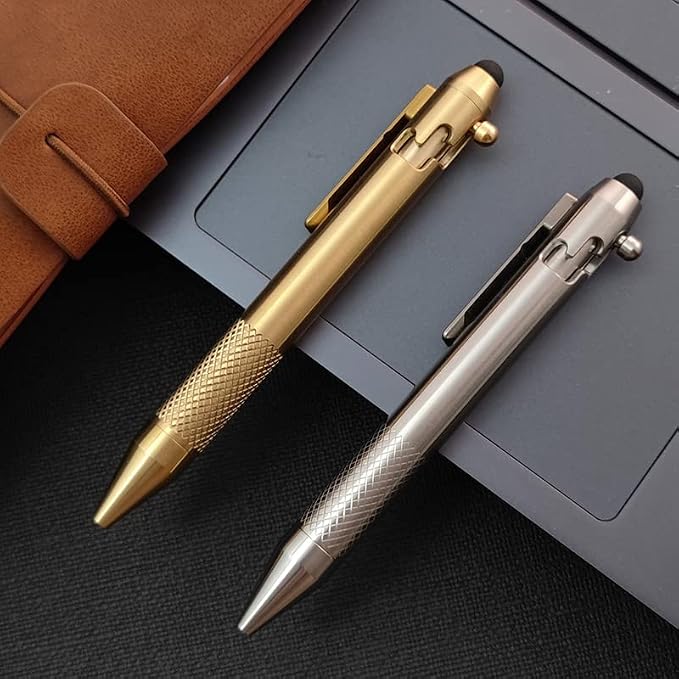 Cool Hand 4.9'' Brass Bolt Action Pen with Retractable Stylus Tip | for Any Touch Screen Ballpoint Ink Refillable Compact Size Skelton Out Deep Pocket Clip (Brass)