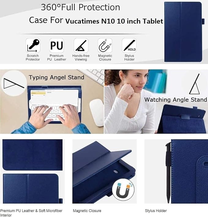 Case and Screen Protector for Onn 7 inch Core Tablet (2026 Model) PU Protective Folio Cover Case and Screen Protector for Onn 7 inch Core Tablet (Blue + Glass)