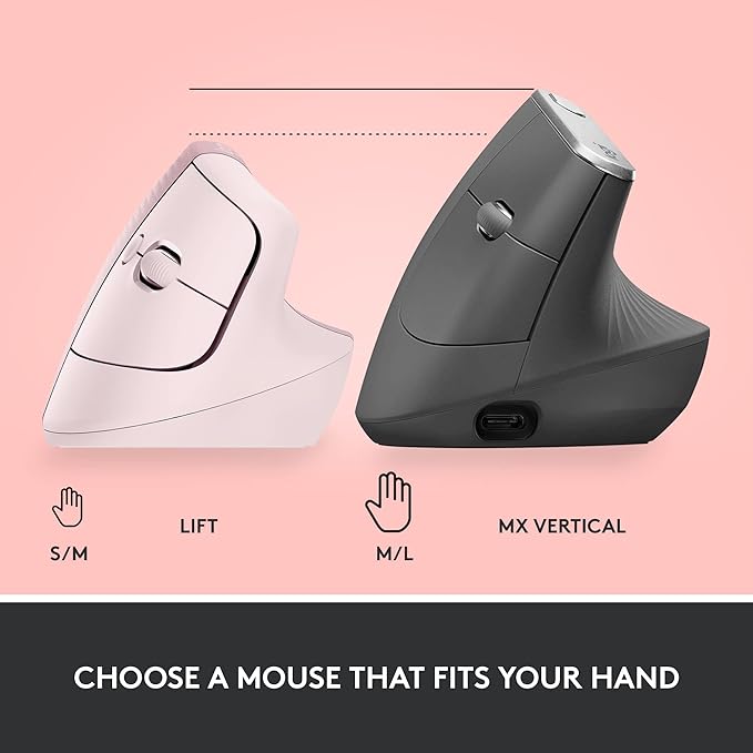 Logitech Lift Vertical Ergonomic Mouse, Wireless, Bluetooth or Logi Bolt USB Receiver, Quiet clicks, 4 Buttons, Compatible with Windows/macOS/iPadOS, Laptop, PC - Rose