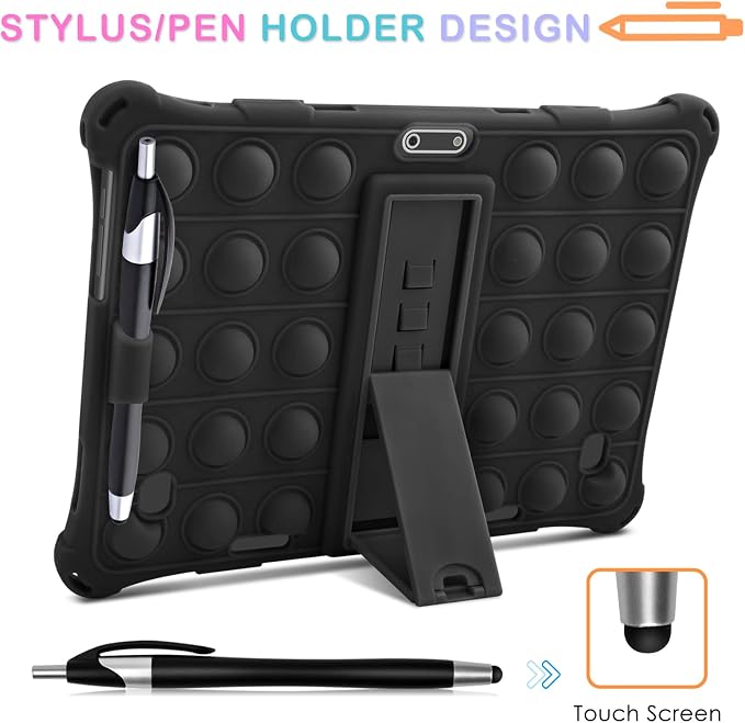 DETUOSI Silicone Case for 10.1 inch Tablet Multi-Angle Case Black | with Shoulder Strap and Stylus Pen Adjustable Stand Built-in Pen Holder Funny Protective Cover for 10.1 inch Tablet