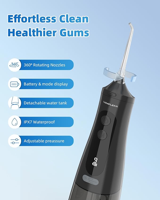 Lumiflexa Water Dental Flosser for Teeth Pick, Cordless Flosser for Travel with 4 Jet Tips, 9 intensities, IPX7 Waterproof Portable & Rechargeable Oral Irrigator Cleaner, Black