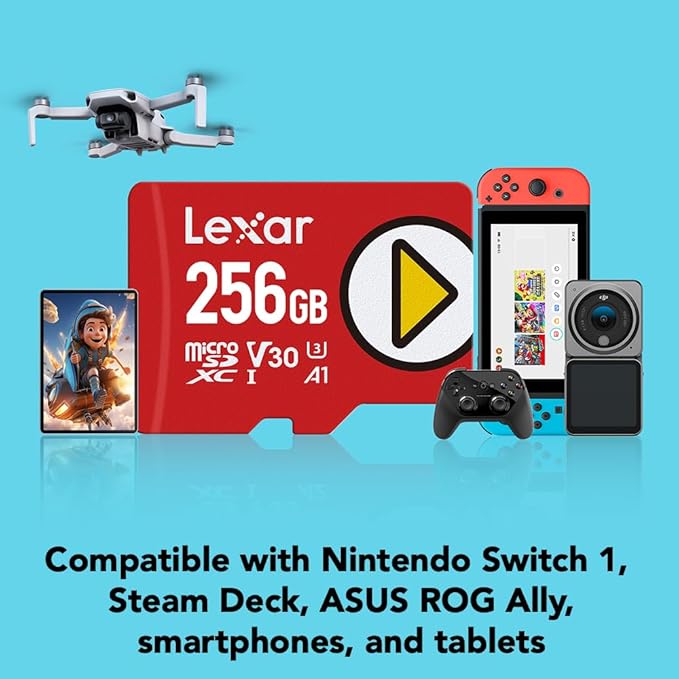Lexar 256GB PLAY micro SD Card, UHS-I, C10, U3, V30, A2, Full HD, 4K, Up to 205/140 MB/s microSDXC Memory Card, Expanded Storage for Nintendo-Switch 1, Gaming, Smartphones, Tablets (LMSPLAY256G-BNSNU)