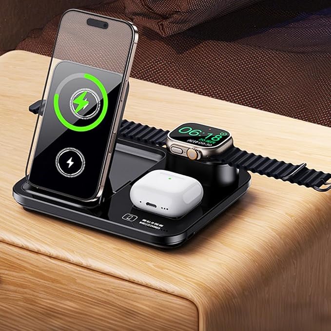 IHAO 3in1 Multifunctional Foldable Wireless Charging Station with LED Ambient Night Light Fast QC3.0 Charger for Phone iWatch Headphone Space-Saving Auto-Shutoff &amp Overcharge Protection-Black