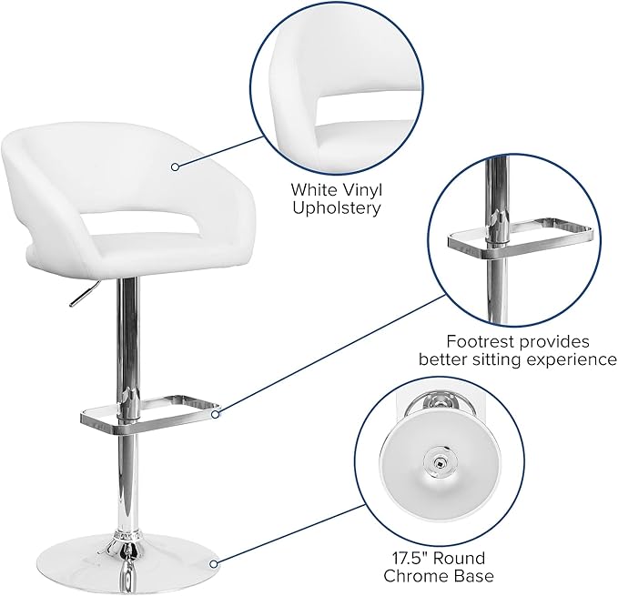 Flash Furniture Erik Contemporary Adjustable Height Barstool with Footrest and Rounded Mid-Back, Upholstered Bar or Counter Height Stool, White/Chrome