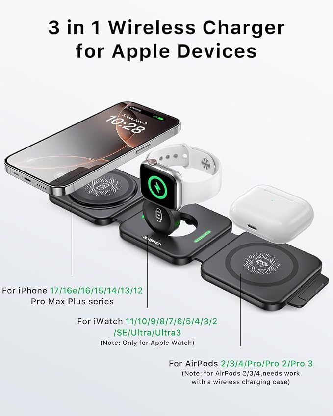 3-in-1 Foldable Magnetic Wireless Charging Station | for Apple Devices The Travel Desktop Organizer Compatible with iPhone 17-12 Seriesfor iWatch for AirPods Space-Saving Design