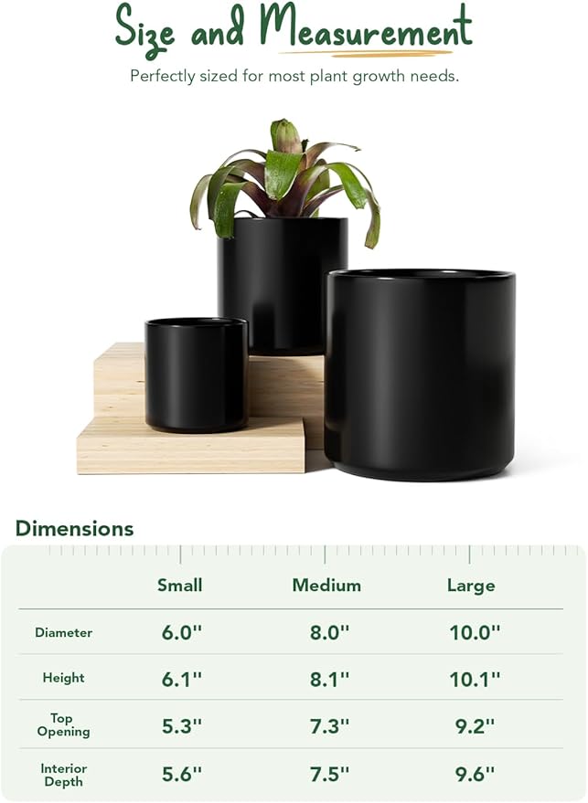 LE TAUCI Ceramic Pots for Plants, 10+8+6 Inch Indoor Plant Pots, Modern Planters for Indoor Plants Home Office, Cylinder Planters with Drainage Hole and Plug, Set of 3, Black