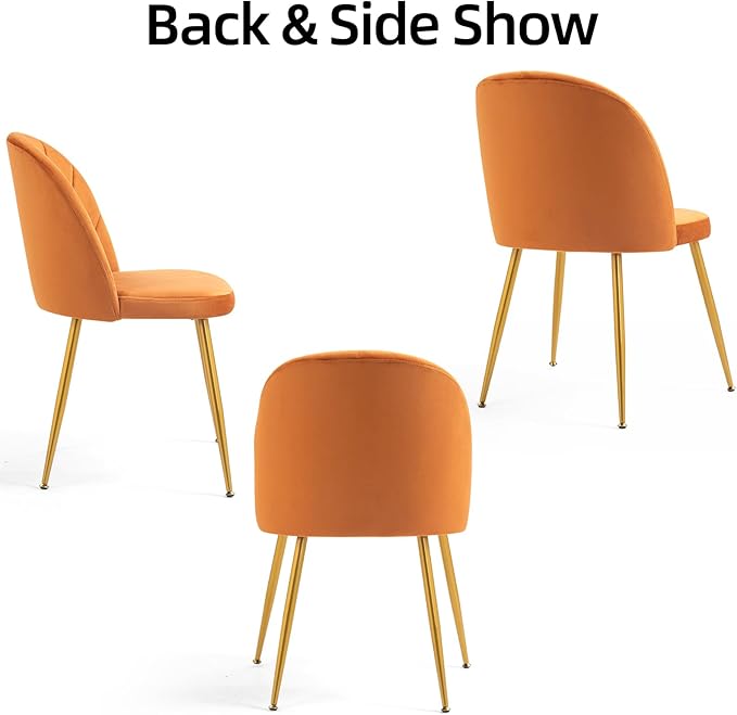 Velvet Dining Chairs Set of 4, Upholstered Mid Century Modern Dining Chairs, Armless Accent Chair with Metal Gold Legs for Living Room, Kitchen, Dining Room, Orange
