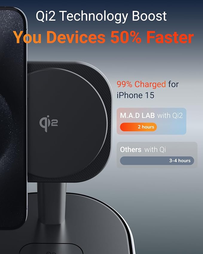 M.A.D LAB Qi2 Wireless Charger 3 in 1 Charging Station for Multiple Devices - MagSafe Compatible LED Light 15W Fast Charging Station for iPhone Android Phones Apple Watch and AirPods (No Adapter)