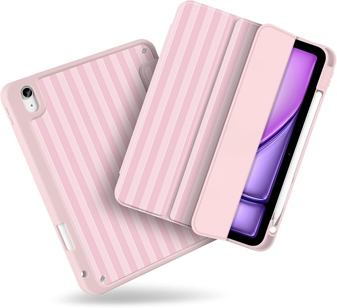 MecBevia Case for iPad Air 11-inch M4 2026 / M3 2025 / M2 2024 | Built-in Pencil Holder Shockproof Clear Hard Back Trifold Stand Auto Wake/Sleep Blue Bow