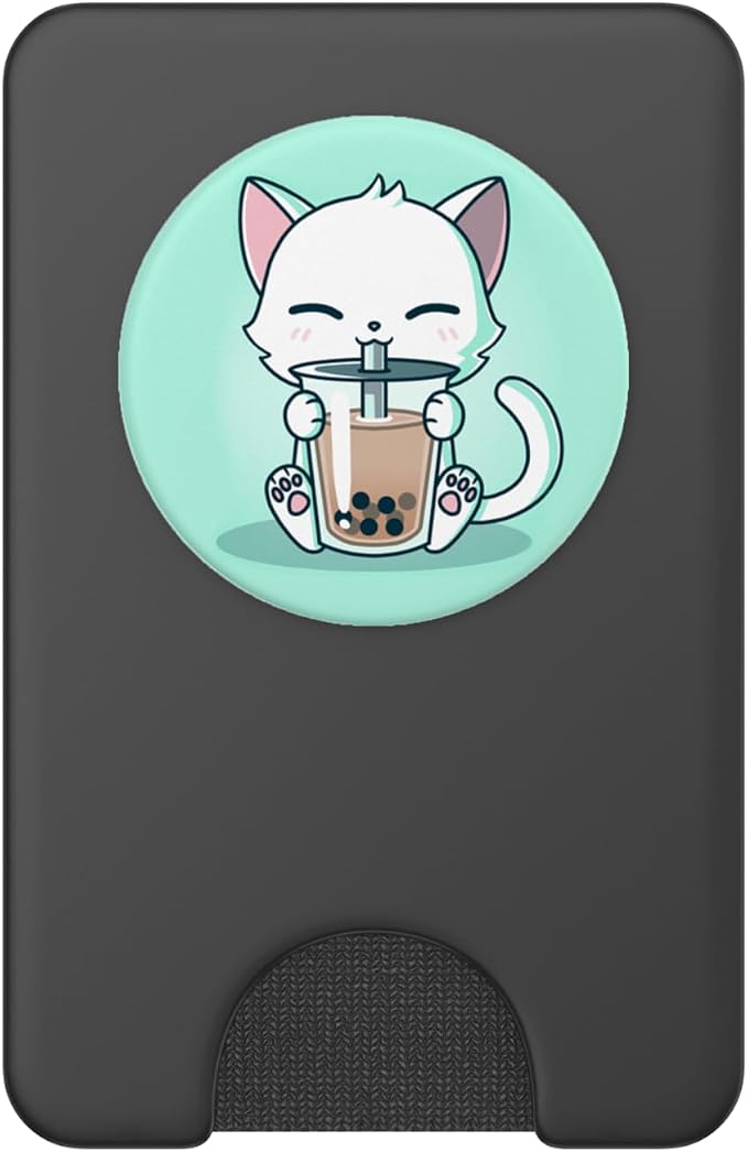 Cute Boba Kit Tea Cat Enjoying Tea Pet Kitty Lover Green PopSockets PopGrip: Swappable Grip for Phones &amp Tablets