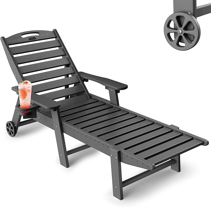 Modern Grey Polypropylene Lounge Chair Outdoor, 6-Position Adjustable Chaise Lounge with Wheels, Cup Holder, for Pool, Patio, Backyard