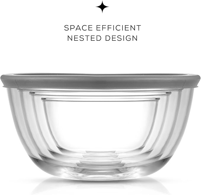 JoyJolt Kitchen Mixing Bowls - 8pc Glass with Lids Set – Neat Nesting Large Bowl Batter Cooking Storage and Big Salad BPA-Free Gray