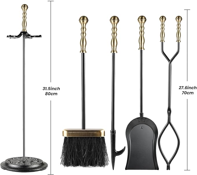 ATiyyo 5 Pieces Fireplace Tools Sets Wrought Iron Firewood Kit with Handle Durable Tool Set and Holder for Fire Pit Stand Indoor Tong Shovel Poker Brush Firewood Accessories (Brass)