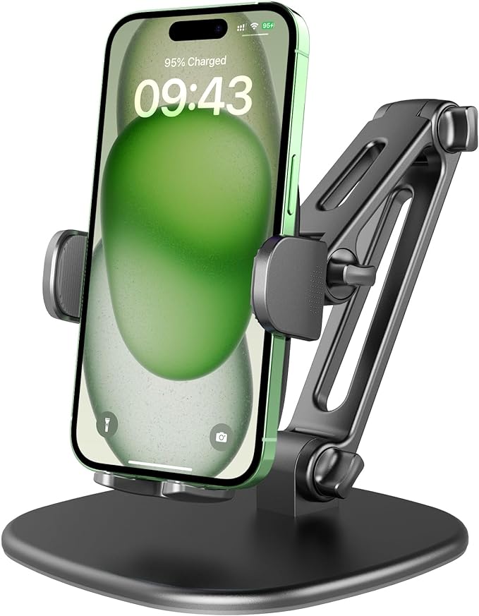 APPS2Car Phone Stand for Desk Adjustable Cell Phone Holder for Office | Triple-Clamp Phone Holder Height-Adjustable Folding Arm 360° Rotation Anti-Slip Base Fits Cases up to 20mm