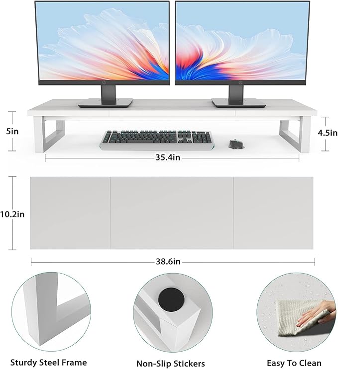 YAOHUOO Dual Monitor Stand Riser, 39Inch Large Monitor Stands for 2 Monitors, Computer Monitor Stand, Wooden Desktop Oraganizer Shelf for Office Desk Computer,Laptop,TV