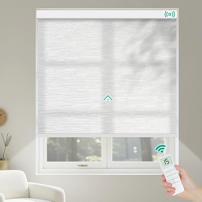 Kilonity Motorized Roller Shades, Light Filtering Remote Control Custom Window Shades Compatible with Alexa Google Assistant via RF Hub, Rechargeable Electric Blinds for Windows (Texture White)