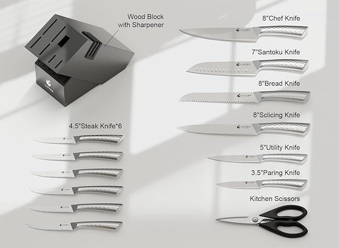 Livtek Kitchen Knife Set with Block: 15-Piece German Stainless Steel with Dual Sharpener for Cook Enthusiasts - Covers 95% Kitchen Tasks - Silver Full-Tang Ergonomic Handle, Dishwasher Safe, Gift Box
