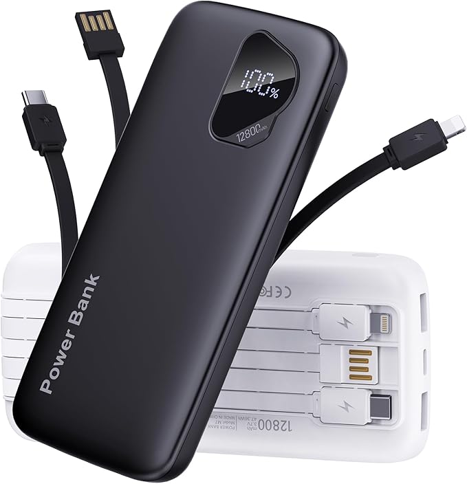 2025 Portable Charger with Built in Cables, 12800mAh Travel Essential Battery Pack, 4 Outputs 2 Inputs Slim Power Bank with Cord Wires Compatible with iPhone,Samsung,Android (2 Pack)