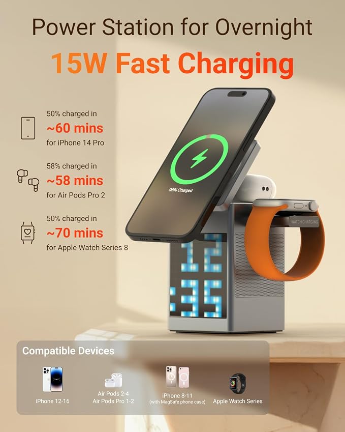 M A D LAB 15W Fast Wireless Magnetic Phone Charger for iPhone &amp Android Charging Station with Alarm Clock Bluetooth Speaker Pixel Display Compatible for AirPods Apple Watch (No Adapter)