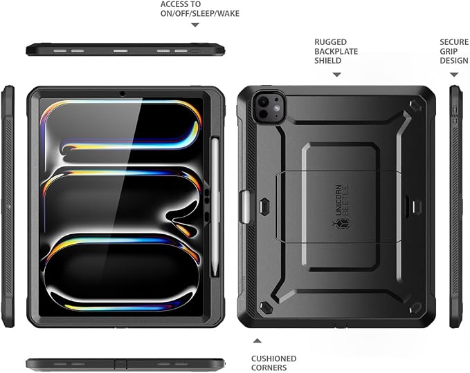 SUPCASE for iPad Pro 11 inch Case M5/M4 2025/2024 with Pencil Holder Black | Built-in Screen Protector Built-in Stand Support Apple Pencil's Wireless Charge Heavy Duty Protection Unicorn Beetle Pr