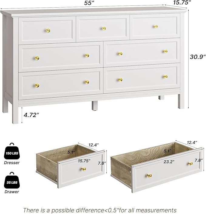 White Dresser for Bedroom with Gold Handle Modern 7 Drawer Dresser, Wood Chest of Drawer Closet Clothes Storage Organizer for Living Room, Hallway, TV Stand, 55 Inch