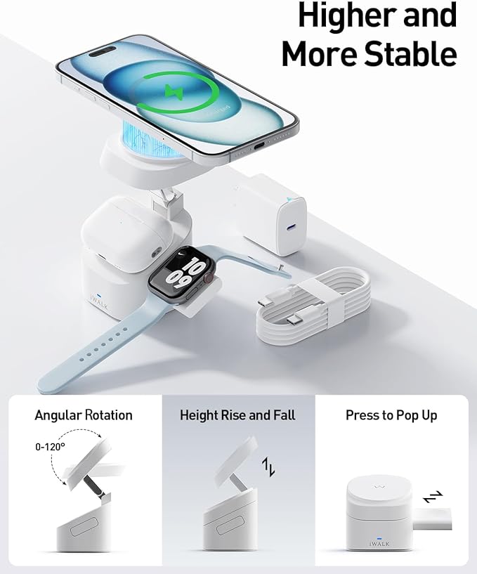 iWALK 3-in-1 Magnetic Wireless Charging Stand, 15W Foldable Charger Station for iPhone 16/15/14/13/12, Apple Watch & AirPods, Adjustable Dock with 20W USB-C Adapter