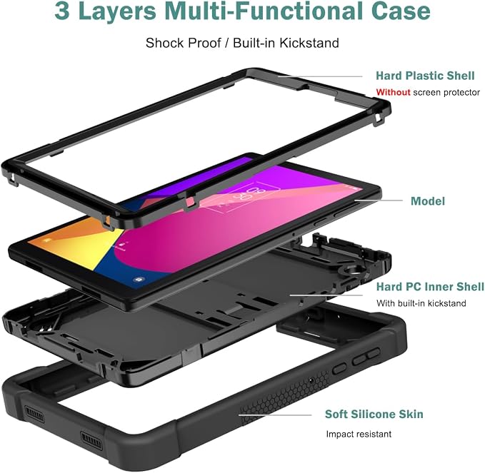 KIQ Guardian Case for TCL Tab 8 LE/TCL Tab 8 Hybrid Shockproof Cover with Kickstand - Black/Black