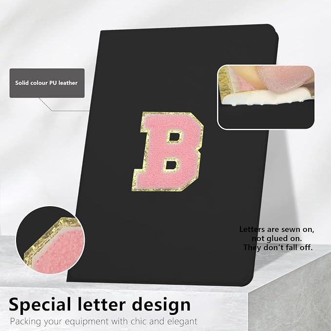 for iPad 9th Generation 10.2 Inch 2021/2020/2019 Case Initial Chenille Letter Suture Personalized for iPad 9th/8th/7th Generation Case with Auto Sleep/Wake Pencil Holder (Black A)