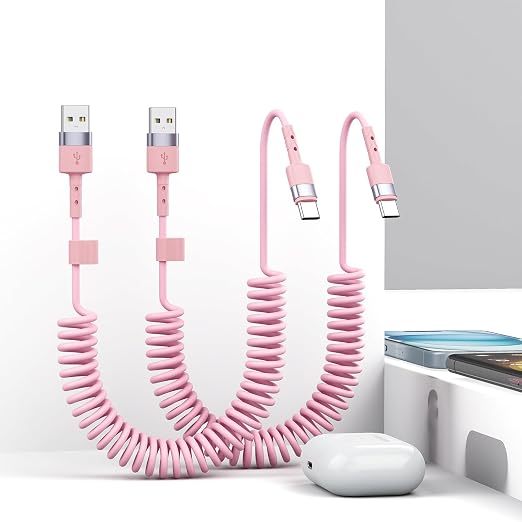 2Pack CarPlay USB A to USB C Coiled Charge Cable for iPhone 15Short Car/Uber Charging Cord Sync Data Retractable Charger for iPhone 15/16 Pro Max Samsung for Apple CarPlay &amp Android Auto-4Ft Pi