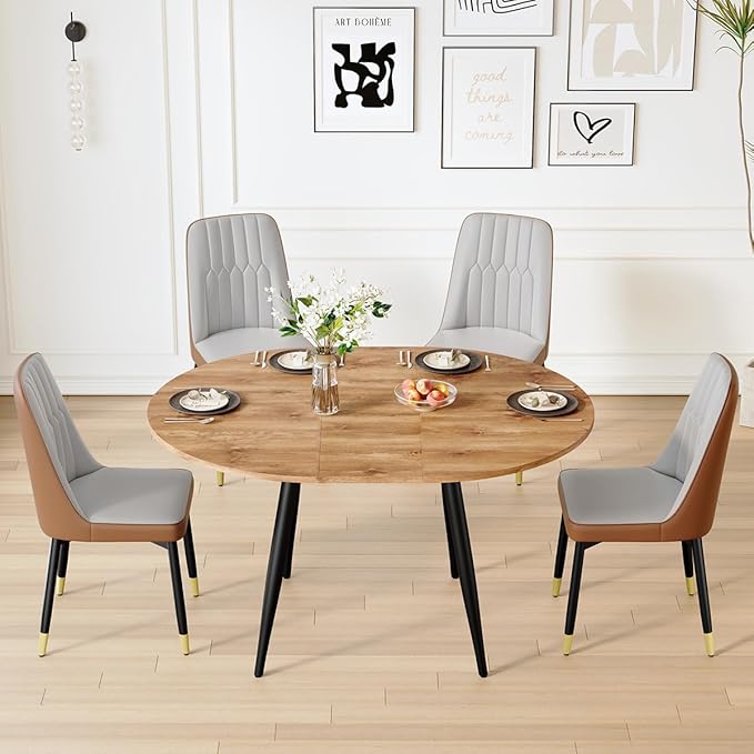Round Dining Table Set for 4, 42"-54" Extendable Dining Table Set for 4, 0.73" Thick Wood Tabletop with Smooth Edge, Black Metal Leg with Non-slip Footmat, 4 Soft PU Chairs, Small Space, Easy Assembly
