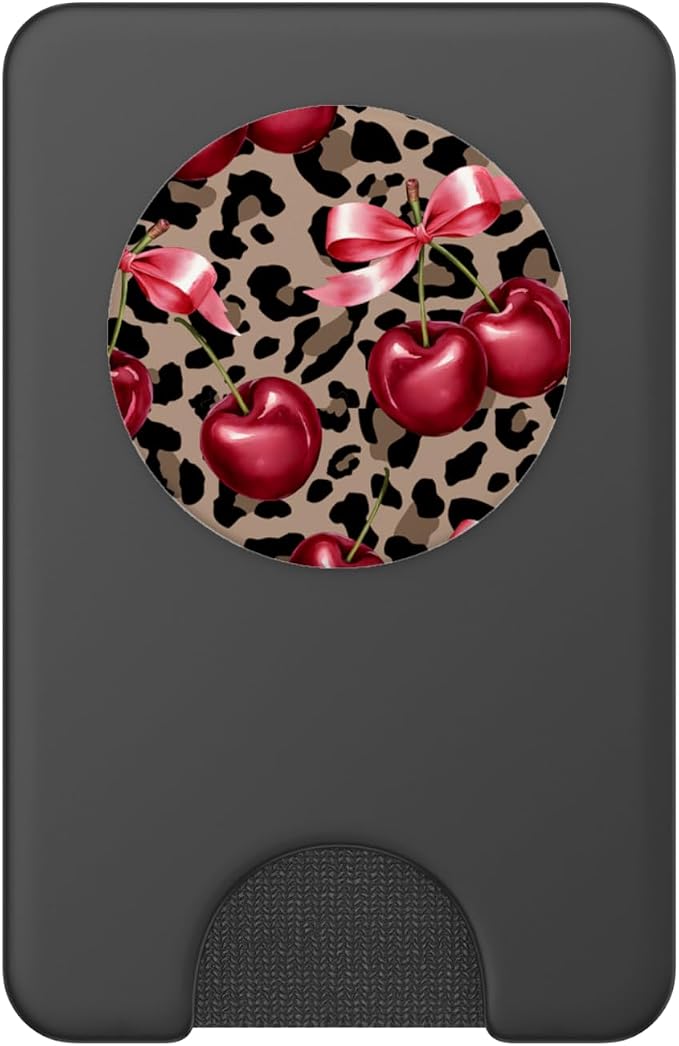 Brown Cheetah Valentine Girls Leopard Print Cherry And Bow PopSockets Adhesive PopGrip
