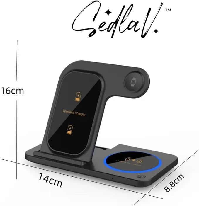 SEDLAV 3-in-1 Portable Wireless Charging Stand Compatible with iPhone 15/14/13/12 Pro Max 15W Fast Magnetic Charger with LED Indicator (Black)