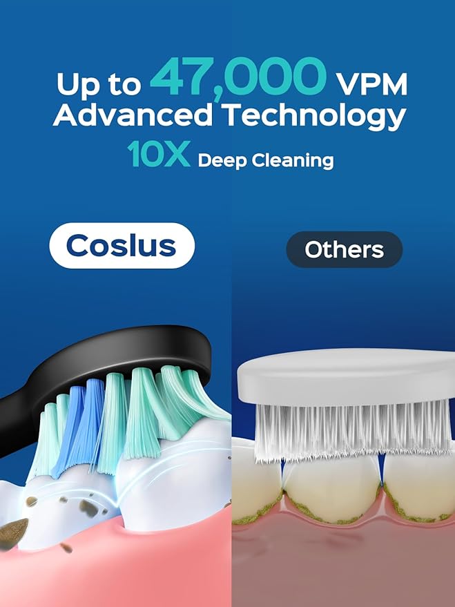 COSLUS Sonic Electric Toothbrush for Adults: 47000 VPM for Deep Cleaning & Whitening with Travel Case - 5 Modes for Sensitive Teeth & Braces, Wireless Charging, 6 Brush Heads for Family, Black (1PC)
