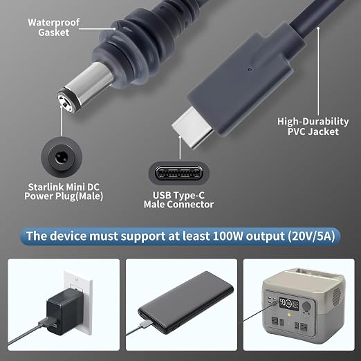 Starlink Mini USB C to DC Cable 100W | 10FT/3M Starlink Mini USB Type C Power Cable Accessories Direct to DC for Starlink Mini 20AWG