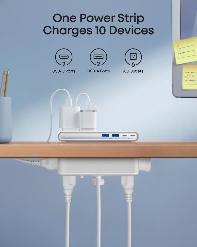 Anker Nano Power Strip, Desk Clamp with 1500J Surge Protector, 5ft Extension Cord, 70W Max Gaming Desk Accessories, 6 AC, 2 USB A, 2 USB C, Home Office Essentials, Fit 0.6~1.8'' Tabletop Edge (White)
