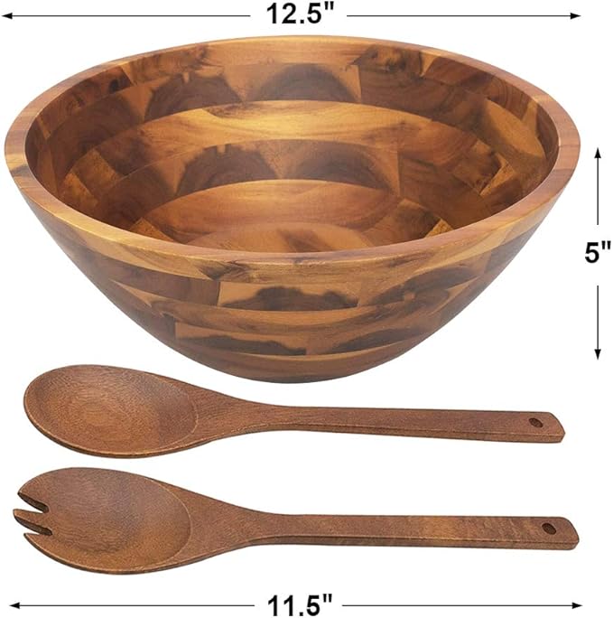 AIDEA Salad Bowls, Wooden Salad Bowls Set, Large Acacia Wood Serving Bowl for Fruits, Salad, 12.5" Big Salad Bowl with Serving Utensils