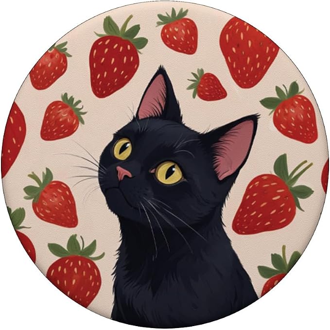 Beige Red Strawberry Black Cat Illustration Print PopSockets PopGrip for MagSafe