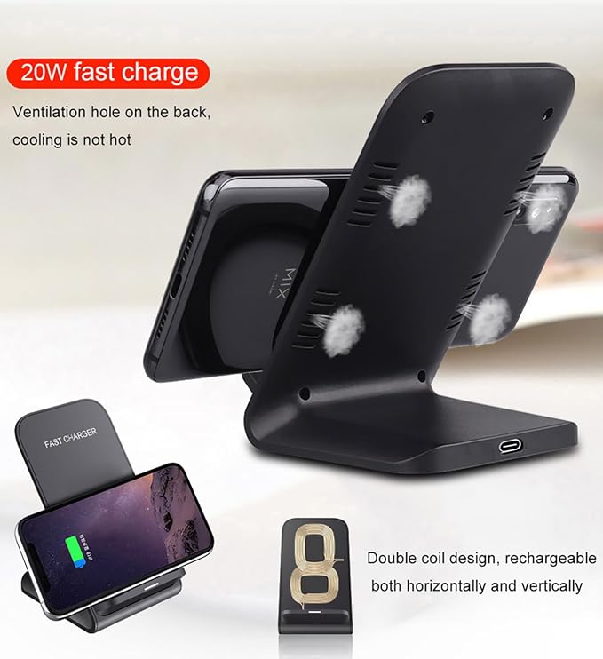 Wireless Charging Stand 20W Fast Charging Stand with QC3.0 Adapter for Samsung Galaxy S24/S24+/S24 Ultra/S23/S22/S21/S20/S10/Note for iPhone 15/15 Pro/15 Pro Max/14/14 Pro Max and More. (1 Pack)